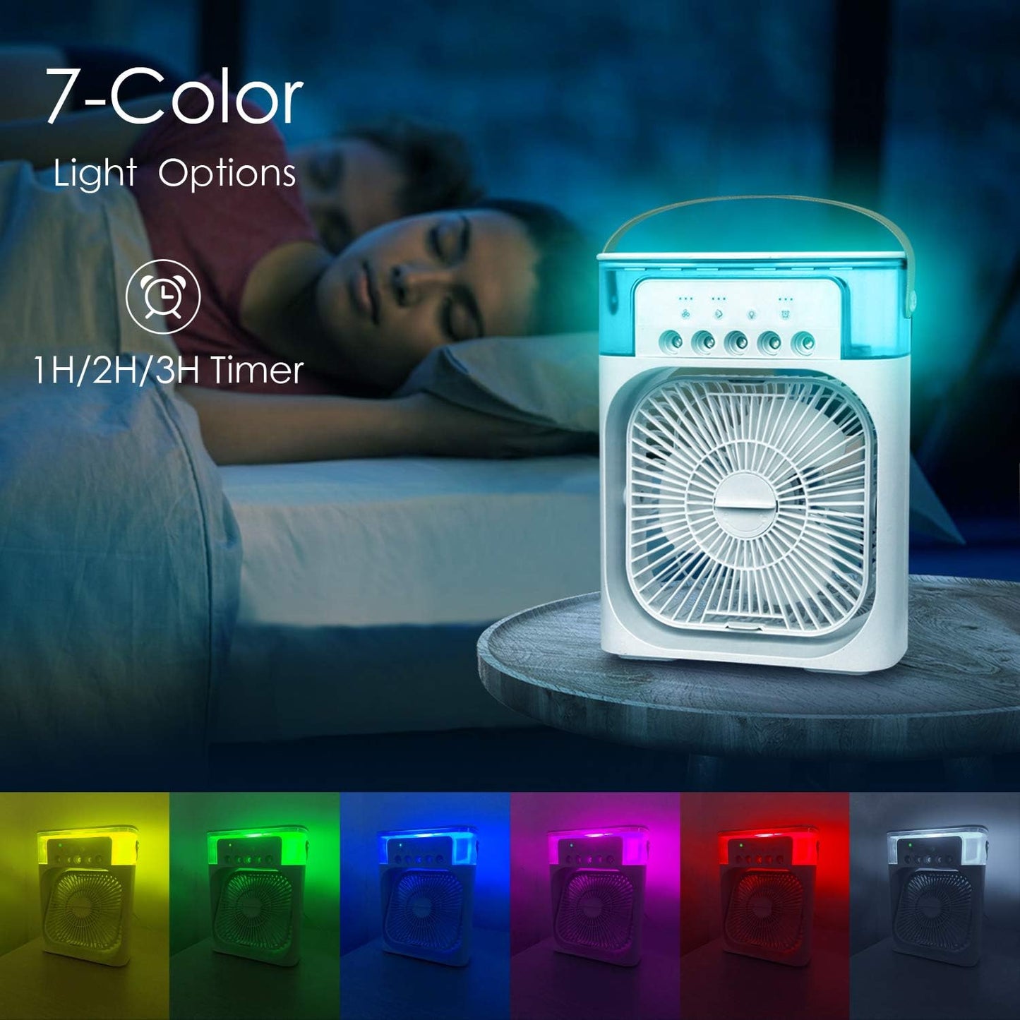 Portable Air Conditioner Fan, Mini Evaporative Air Cooler with 7 Colors LED Light, 1/2/3 H Timer, 3 Wind Speeds and 3 Spray